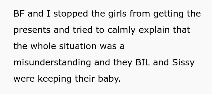 Text excerpt explaining a misunderstanding involving adoption papers after a babysitting offer was confused with taking the baby.