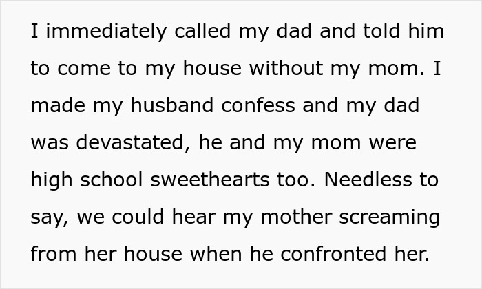 Text excerpt describing a woman catching her mom sleeping with her husband and exposing their 22-year affair.