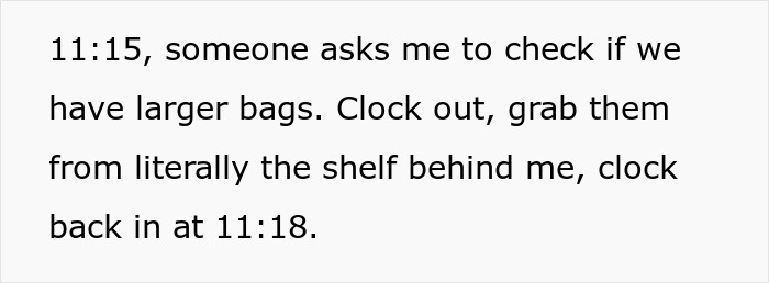 Text showing employee clocking out for a break, highlighting boss demands and employee's compliant but malicious response.