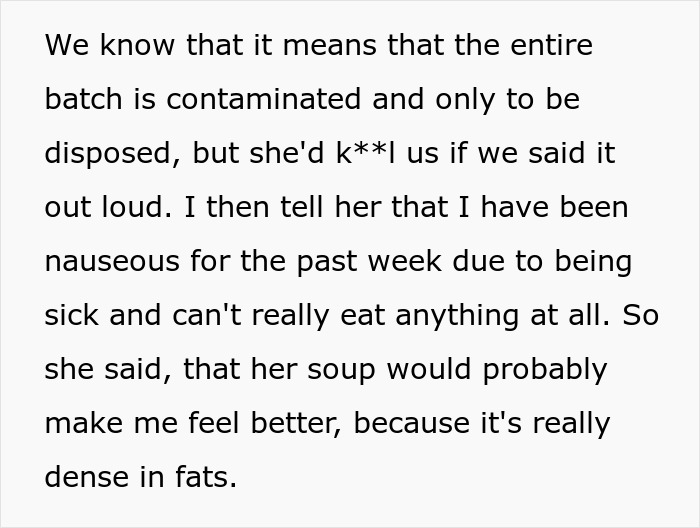 Text excerpt about cheap MIL feeding son and girlfriend spoiled food, bullying them into eating it despite health concerns.