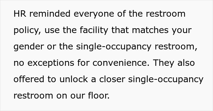 Text explaining HR restroom policy reminding to use facility matching gender or single-occupancy restroom with no exceptions.
