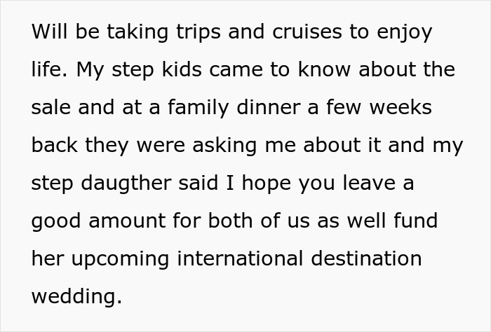 Text about stepkids showing indifference and expecting inheritance, with stepdad planning trips and denying their claims.