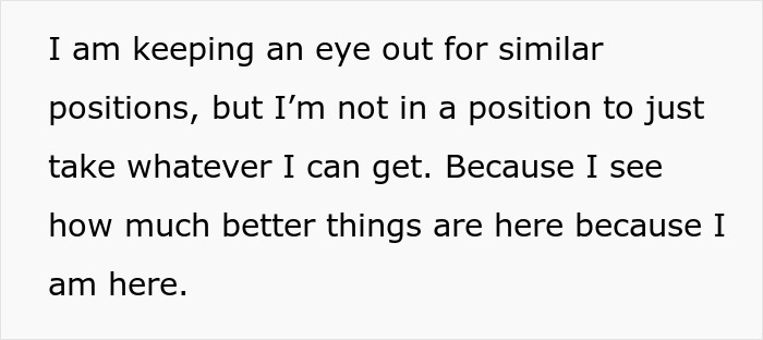 Text on a white background expressing a hurt working mom keeping an eye out for better positions despite an ignorant husband.