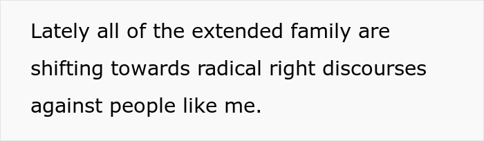 Text stating a person feels extended family, including inlaws, push boundaries after divorce with radical right discourse against them.
