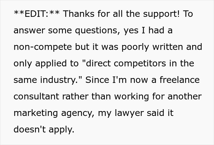 Text explaining a laid off employee addressing non-compete clause while becoming a freelance consultant.