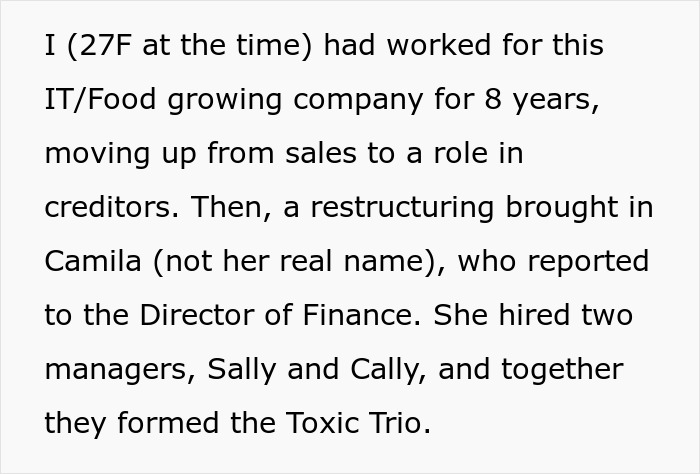 Text excerpt describing an employee&rsquo;s experience with toxic bosses and company restructuring before quitting ahead of a disciplinary hearing.