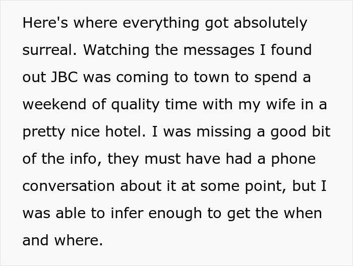 Text excerpt revealing husband finds out wife is cheating, plans pro revenge, and gains control in emotional discovery.