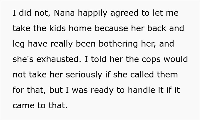 Text excerpt discussing a sister threatening to call the cops after a woman brings her kids home, including claims of shaking and fake crying.