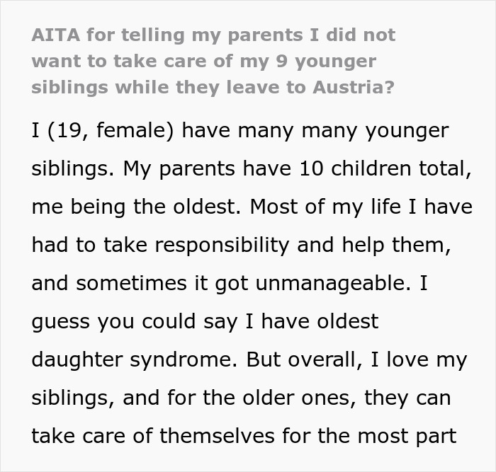 Text excerpt about a 19-year-old female discussing parents, siblings, and babysitting responsibilities in Austria. Text excerpt about a 19-year-old female discussing parents, siblings, and babysitting responsibilities in Austria.