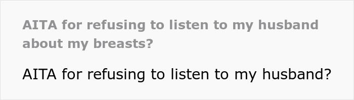 Text post showing a question about refusing to listen to husband regarding breasts, discussing husband reduction ultimatum.