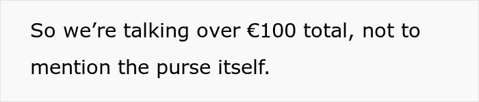 Text on white background saying over 100 euros total, excluding the cost of the purse, highlighting purse fiasco details.