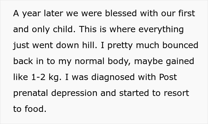 Text excerpt describing a woman&rsquo;s postpartum body changes and struggle with postnatal depression after childbirth.