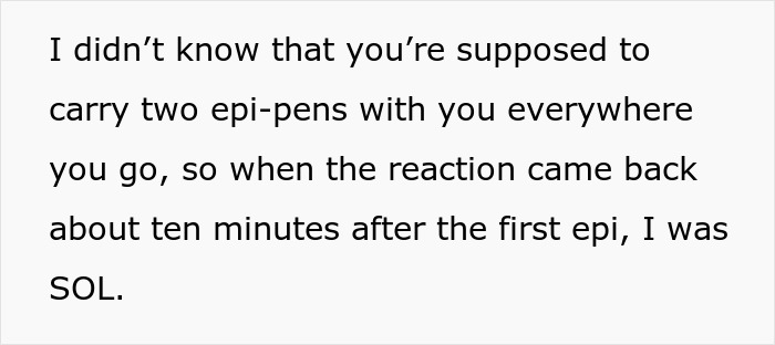 Text about carrying epi-pens and reaction timing, illustrating a woman&rsquo;s anaphylactic shock linked to a BIL&rsquo;s lunch deception.