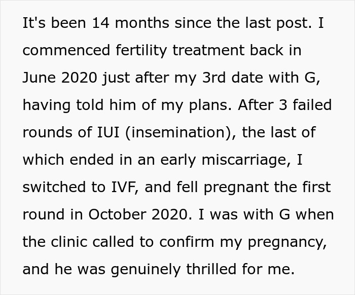 Woman shares fertility treatment journey involving artificial insemination and IVF while debating hiding plans from date.