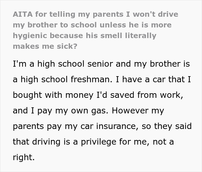 Text excerpt from a teen sharing hygiene checklist concerns for brother before school, amid parental conflict.