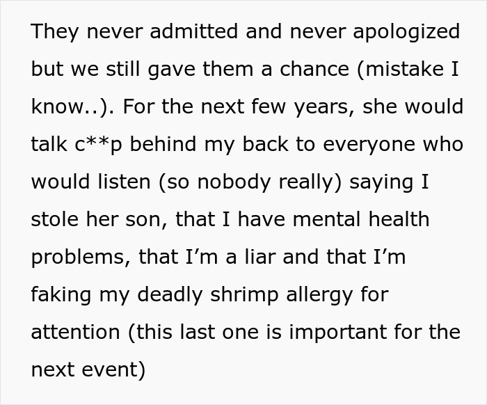 Text excerpt describing a woman’s conflict involving a life-threatening shrimp allergy and issues with her mother-in-law. Text excerpt describing a woman’s conflict involving a life-threatening shrimp allergy and issues with her mother-in-law.