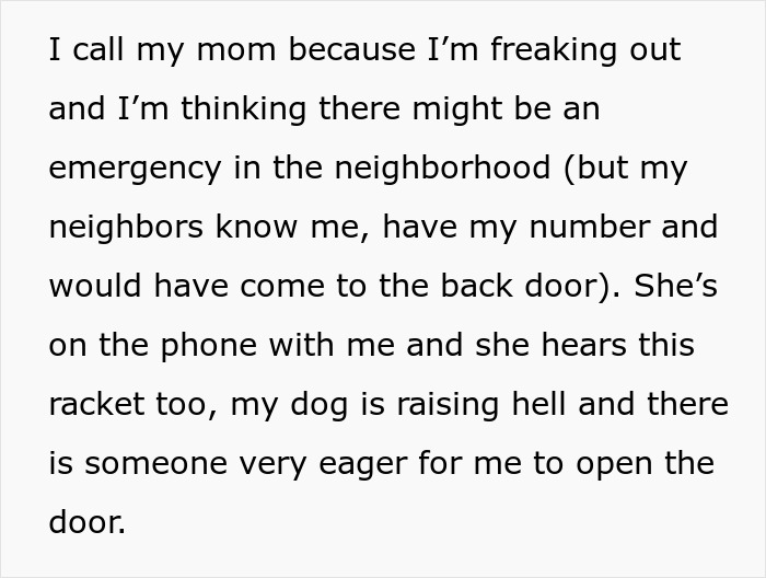 Alt text: Person calls mom while a stalker customer found home and rang the doorbell, dog barking and urgent noise outside.
