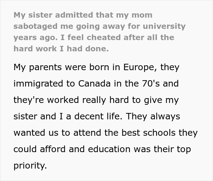 Text conversation about a woman learning the truth about why she never got to study abroad and feeling cheated by family. Text conversation about a woman learning the truth about why she never got to study abroad and feeling cheated by family.