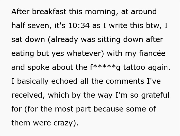 Text excerpt describing a man discussing his fiancée's tattoo of his late brother's face and their resulting breakup. Text excerpt describing a man discussing his fiancée's tattoo of his late brother's face and their resulting breakup.