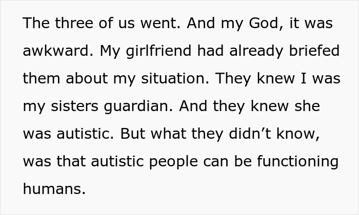 Text excerpt explaining a man pranking girlfriend's parents to help his autistic sister feel more comfortable.
