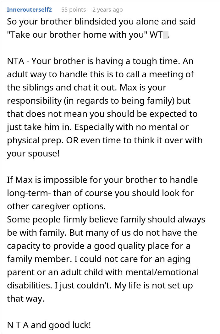 Comment discussing siblings clashing over care for autistic brother, highlighting refusal to take him in as cruel.