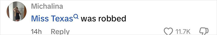 Comment saying Miss Texas was robbed, reacting to discussion about newly crowned Miss America makeup controversy. Comment saying Miss Texas was robbed, reacting to discussion about newly crowned Miss America makeup controversy.