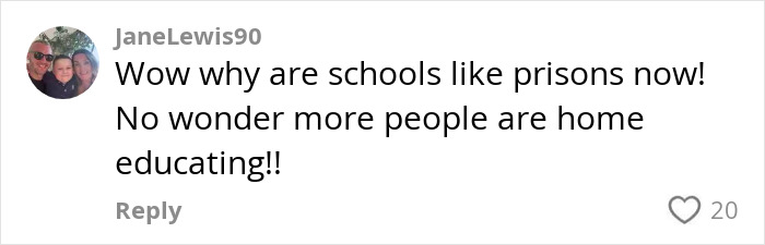 Comment expressing frustration about schools like prisons and rise in home educating, posted by user JaneLewis90.