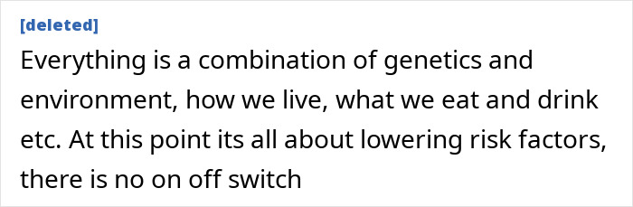 Forum comment discussing genetics, environment, and lowering dementia risk factors related to food choices. Forum comment discussing genetics, environment, and lowering dementia risk factors related to food choices.