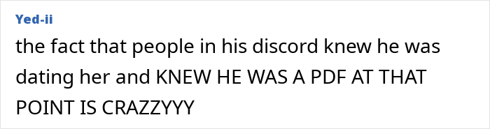 Text saying people in Discord knew he was dating her and realized he was a PDF, reacting with amazement about the situation.