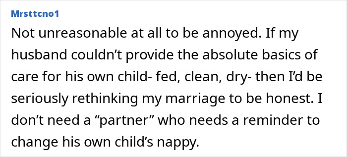 Comment expressing frustration about a dad forgetting to change his son's diaper and feed him while caring for him.