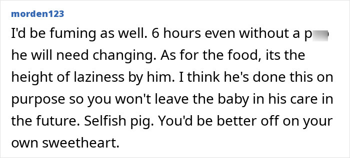 Comment criticizing a dad for forgetting to change his son's diaper and feed him while caring for the baby for the first time.