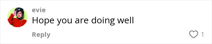 Social media comment from a user named evie, with a colorful profile photo, expressing a kind message saying hope you are doing well.