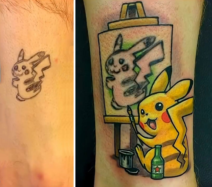 Before and after tattoo upgrade featuring a colorful Pikachu painting over a faded matching best friend tattoo.
