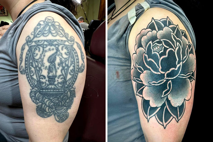 Before and after images showing a major tattoo upgrade from a faded lantern design to a bold black and grey floral tattoo on upper arm.