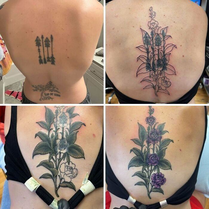 Back tattoo transformation showing upgrades from simple designs to detailed flower tattoos with shading and color.