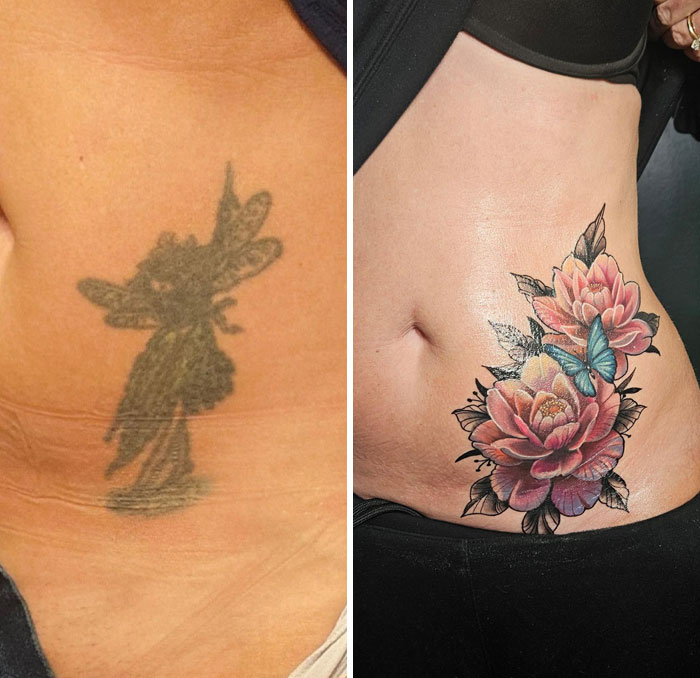 Before and after images showing a tattoo upgrade from a blurry figure to colorful flowers with a butterfly on the side torso.