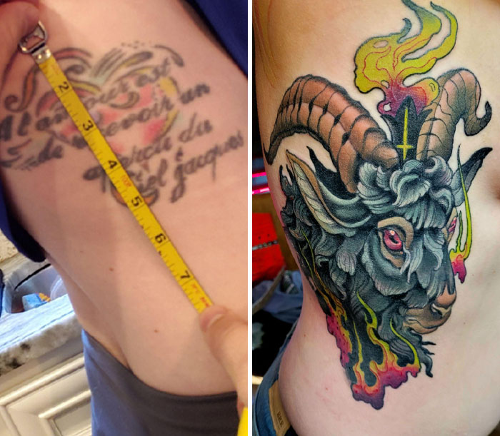 Before and after images of a tattoo cover-up showing tattoo regrets transformed with a bold new design.