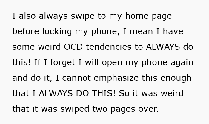 Text message on phone screen about swiping home page before locking phone, illustrating privacy concerns and suspicion.