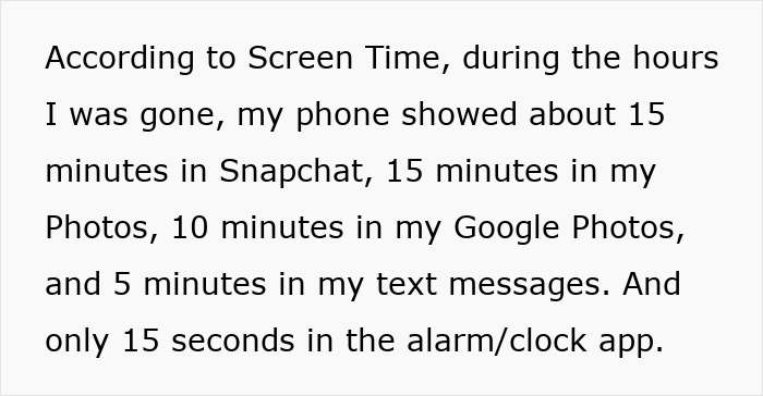 Text explaining phone screen time usage details, highlighting concerns over privacy violation suspicions dismissed by a long-term friend.