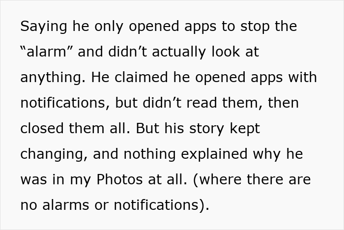 Text discussing a woman&rsquo;s suspicions of privacy violations by a long-term friend and her dismissal of his explanations.