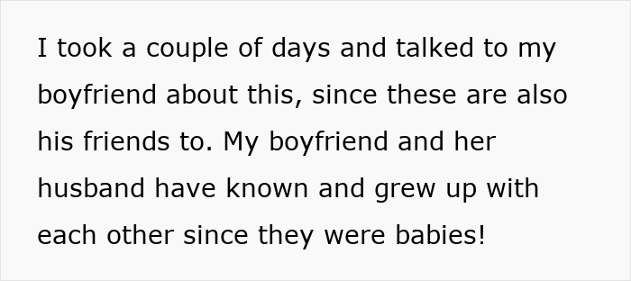 Text excerpt discussing woman talking to boyfriend about long-term friends and privacy concerns leading to cutting off a friend.