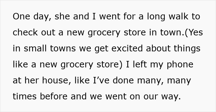 Text excerpt about a woman cutting off a long-term friend after her privacy violation suspicions were dismissed.