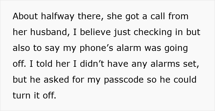 Text excerpt showing a woman describing a phone alarm incident linked to her privacy concerns with a long-term friend.