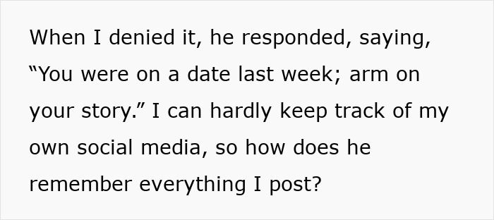 Text excerpt showing a woman worried about online date&rsquo;s behavior remembering everything she posts on social media.