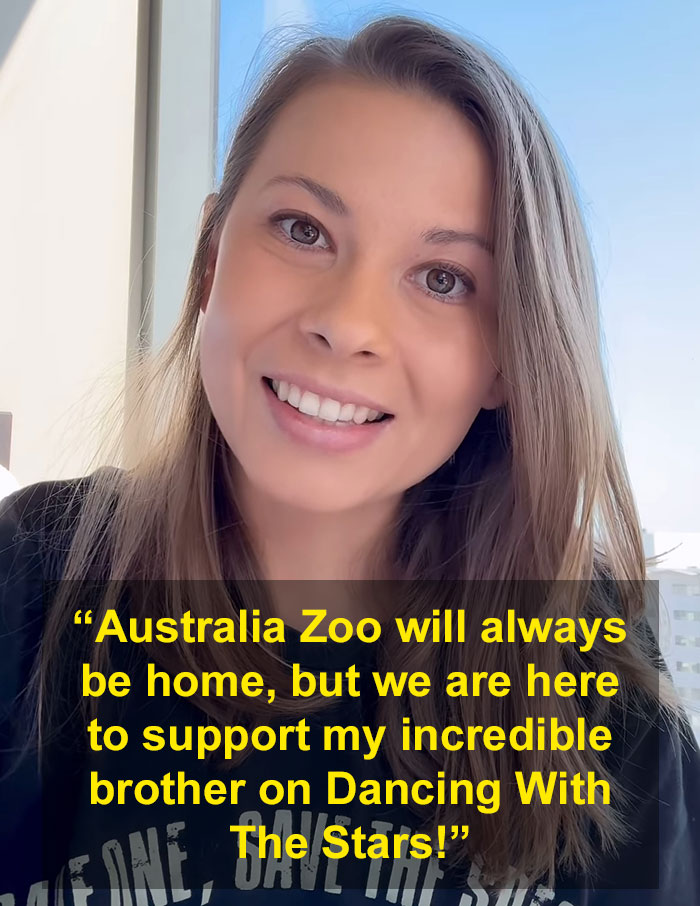 Bindi Irwin smiling indoors, announcing her move from Australia to support her brother on Dancing With The Stars. Bindi Irwin smiling indoors, announcing her move from Australia to support her brother on Dancing With The Stars.