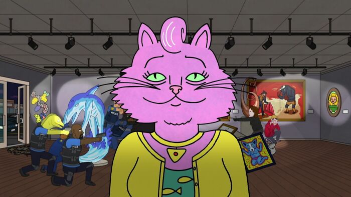 Animated pink cat character in an art gallery with police and bystanders, representing well-written female characters in movies.