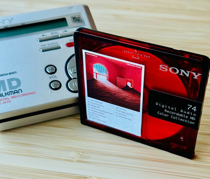 Sony MiniDisc player and red digital audio disc on wooden surface, symbolizing next big thing that totally flopped.