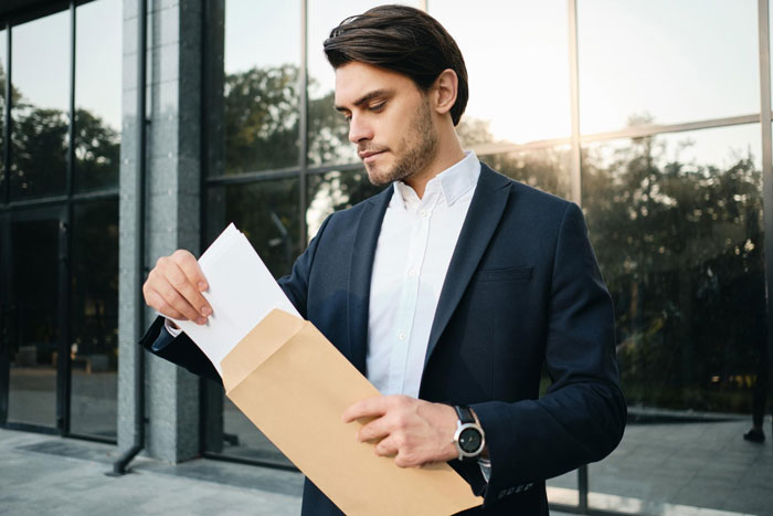 Young businessman in a suit opening a large envelope outside an office building, reflecting a boss pretending never gave notice.