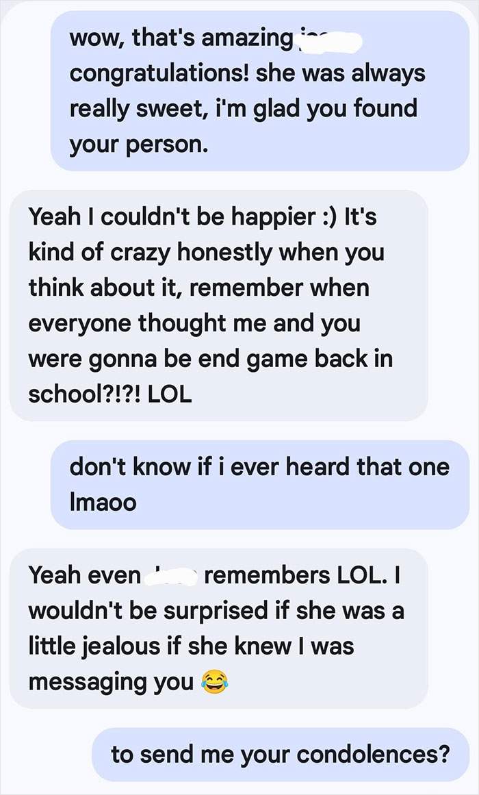 Text message conversation showing a friend messaging after boyfriend died, discussing past memories and condolences.