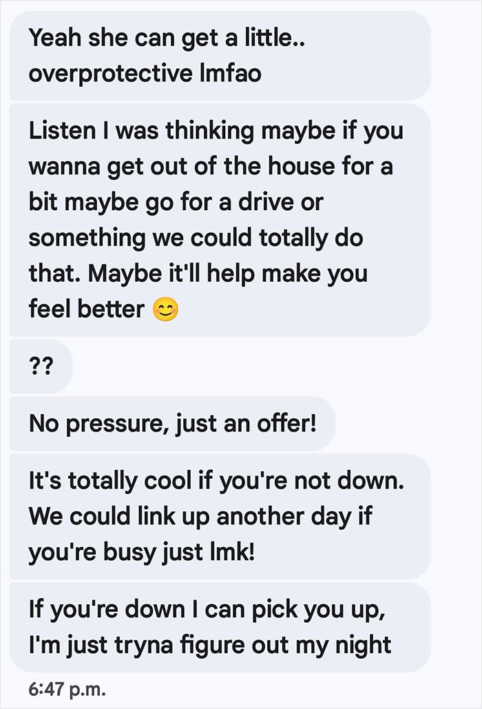 Text message conversation showing a friend messaging to support someone whose boyfriend died, offering a drive to feel better.